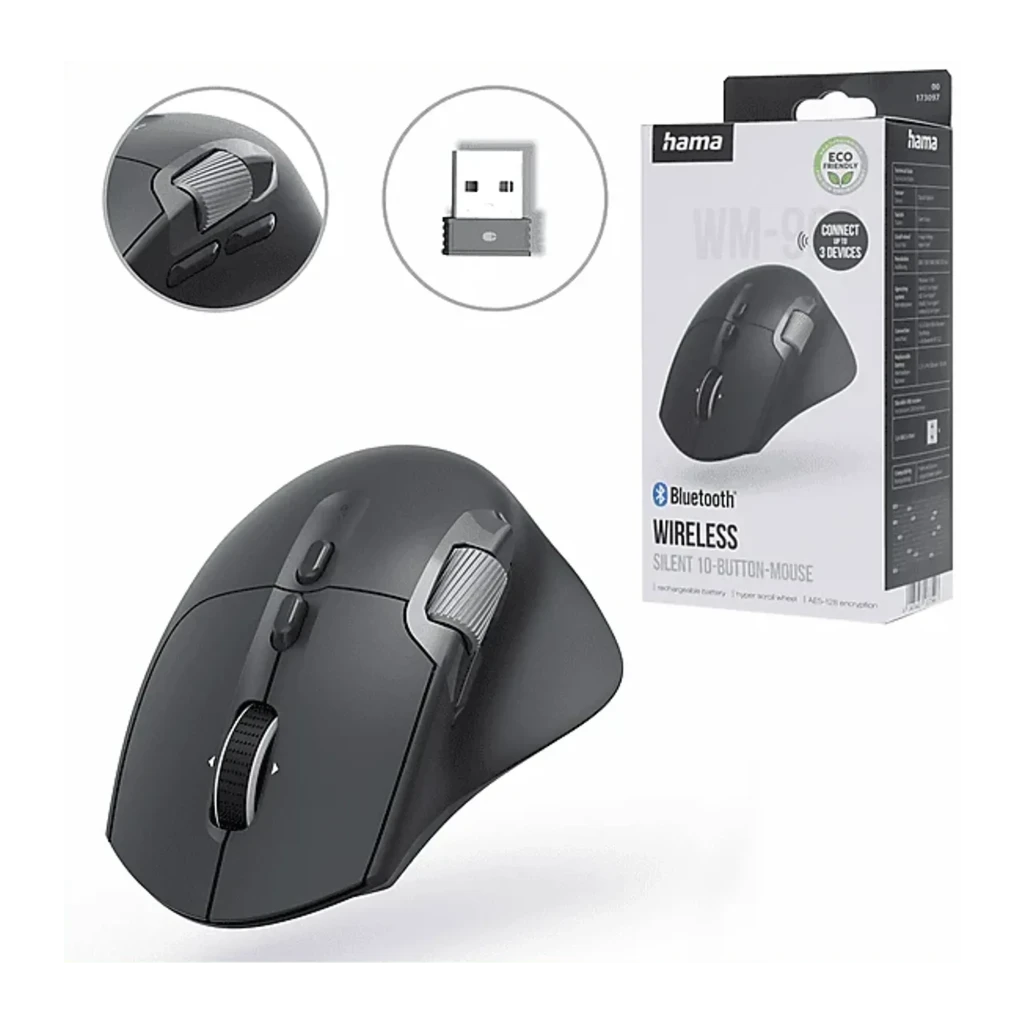 Hama Ratón WM-900 Inalámbrico Vertical Ergonómico Negro, vista superior: rueda de desplazamiento, botones laterales y logo - Ítem7