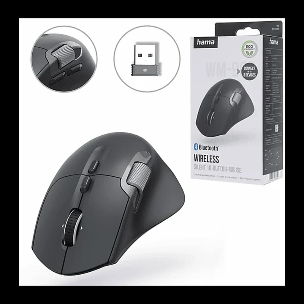Hama Ratón WM-900 Inalámbrico Ergonómico Negro, vista conjunto: ratón, receptor USB nano y caja del producto con detalles