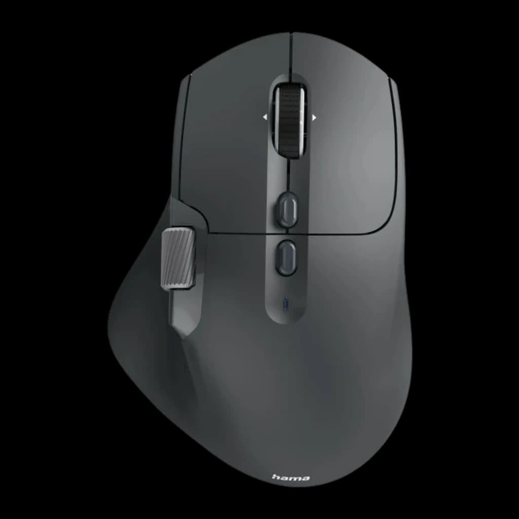 Hama Ratón WM-900 Inalámbrico Vertical Ergonómico Negro, vista superior: rueda de desplazamiento, botones laterales y logo
