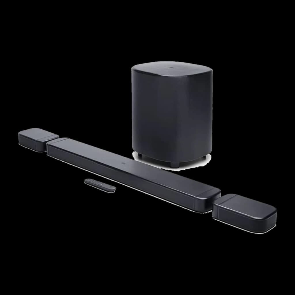JBL Bar 800 MK2 7.1 preto, kit completo em perspetiva: barra, subwoofer sem fios, satélites removíveis e comando