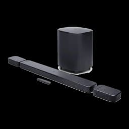 JBL Bar 800 MK2 7.1 preto, kit completo em perspetiva: barra, subwoofer sem fios, satélites removíveis e comando