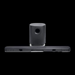 JBL Bar 800 MK2 7.1 preto, vista frontal do kit: ligações traseiras da barra e cone do subwoofer visíveis