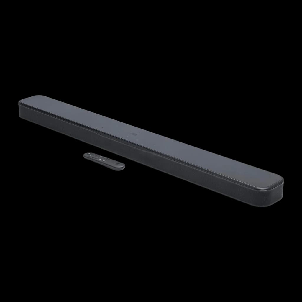 JBL Bar 800 MK2 7.1 preto, vista superior em ângulo: barra sozinha com telecomando mostrando comprimento total