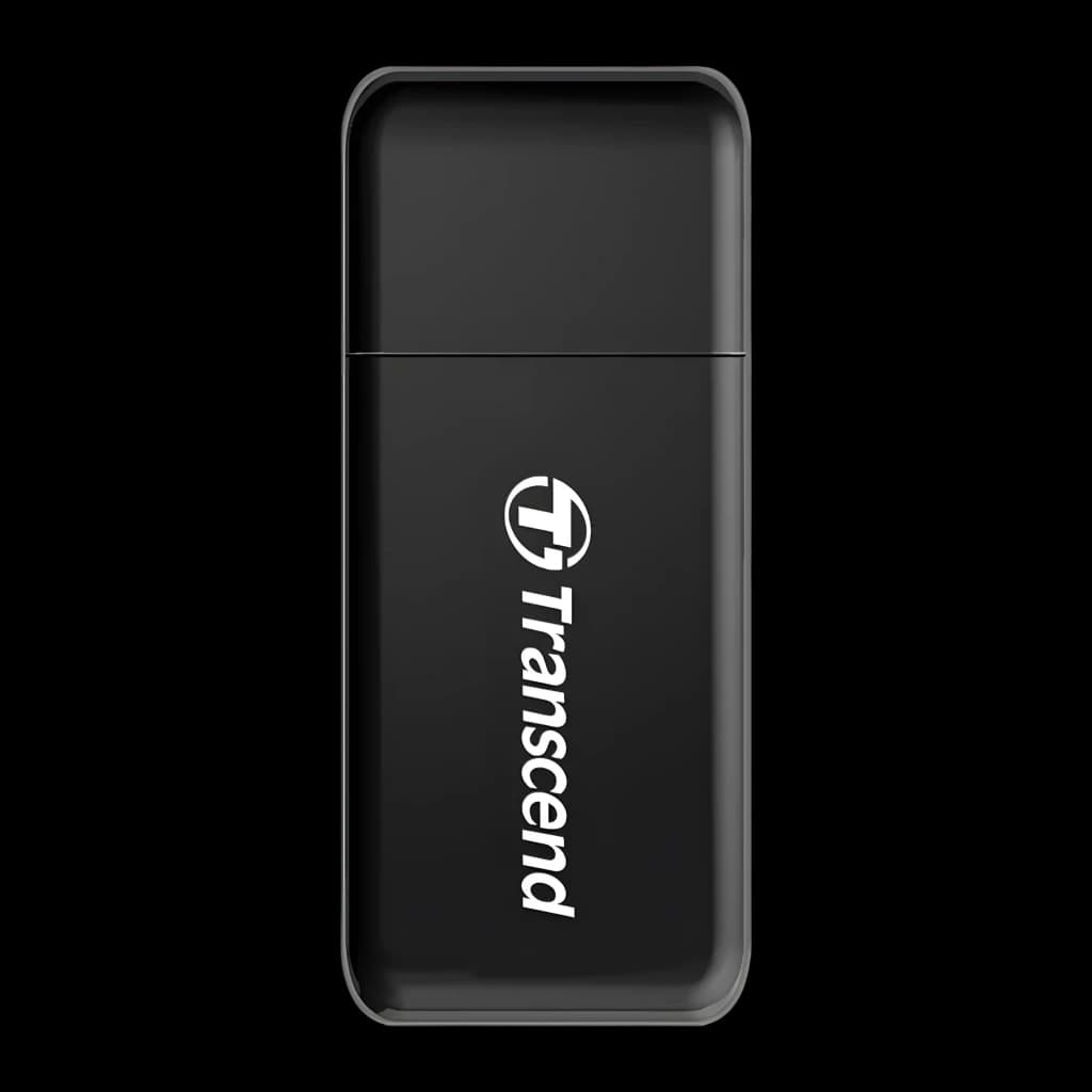 Transcend Leitor de Cartões USB 3.0 preto, vista frontal: corpo compacto com logótipo Transcend e ranhura superior