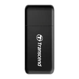 Transcend Leitor de Cartões USB 3.0 preto, vista frontal: corpo compacto com logótipo Transcend e ranhura superior