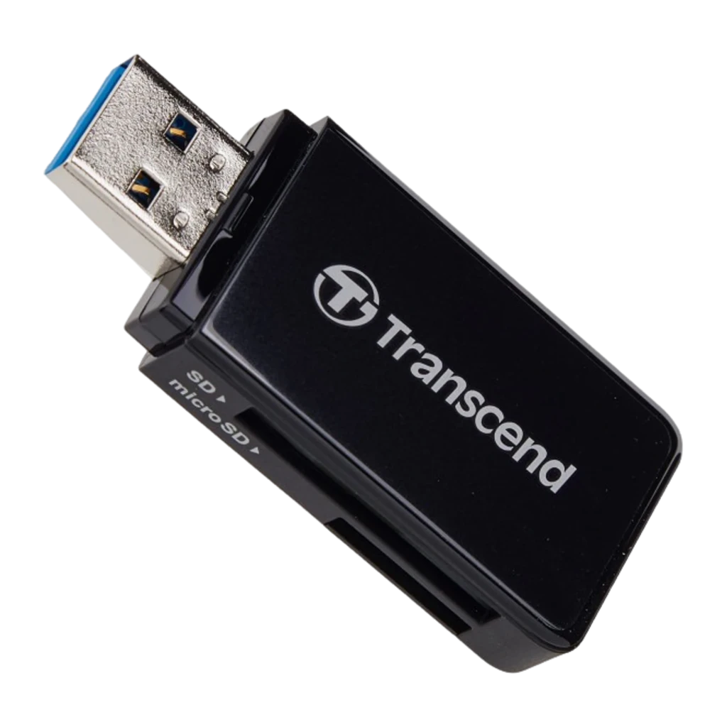 Transcend Leitor de Cartões USB 3.0 preto, vista frontal: corpo compacto com logótipo Transcend e ranhura superior - Item2