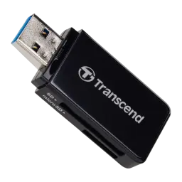 Transcend Leitor de Cartões USB 3.0 preto, vista frontal: conector USB-A azul metálico e slots SD e microSD