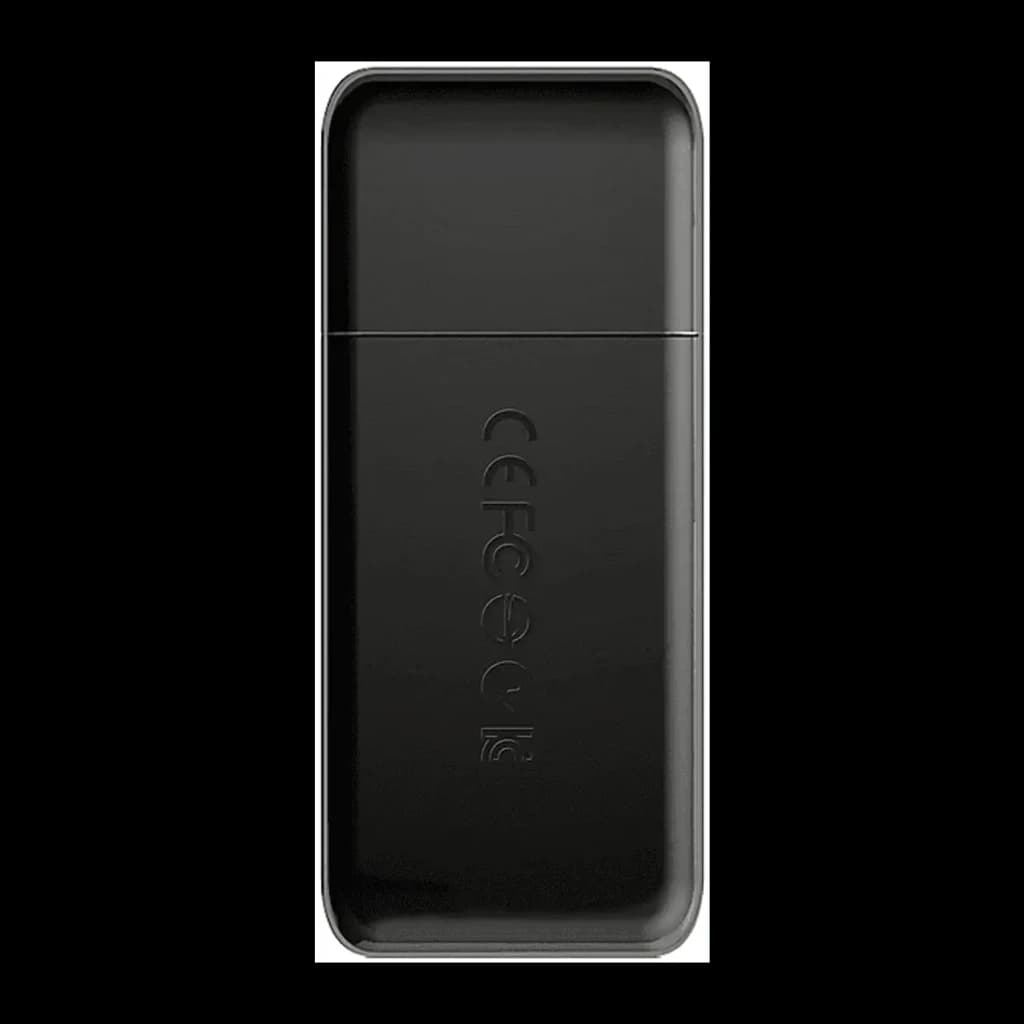 Transcend Leitor de Cartões USB 3.0 preto, vista frontal: corpo compacto com logo Transcend em relevo e tampa deslizante