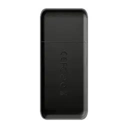Transcend Leitor de Cartões USB 3.0 preto, vista frontal: corpo compacto com logo Transcend em relevo e tampa deslizante