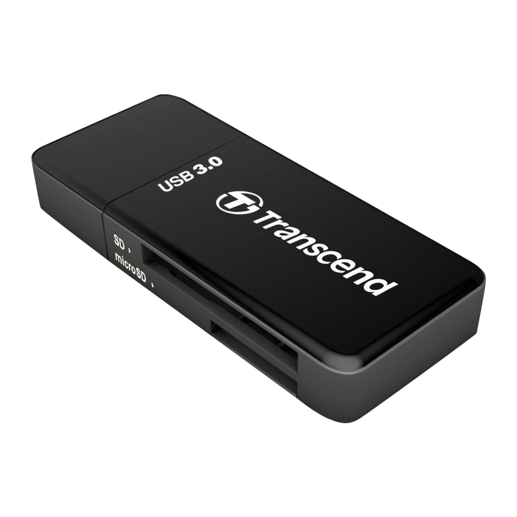 Transcend Leitor de Cartões USB 3.0 preto, vista frontal: corpo compacto com logótipo Transcend e ranhura superior - Item1