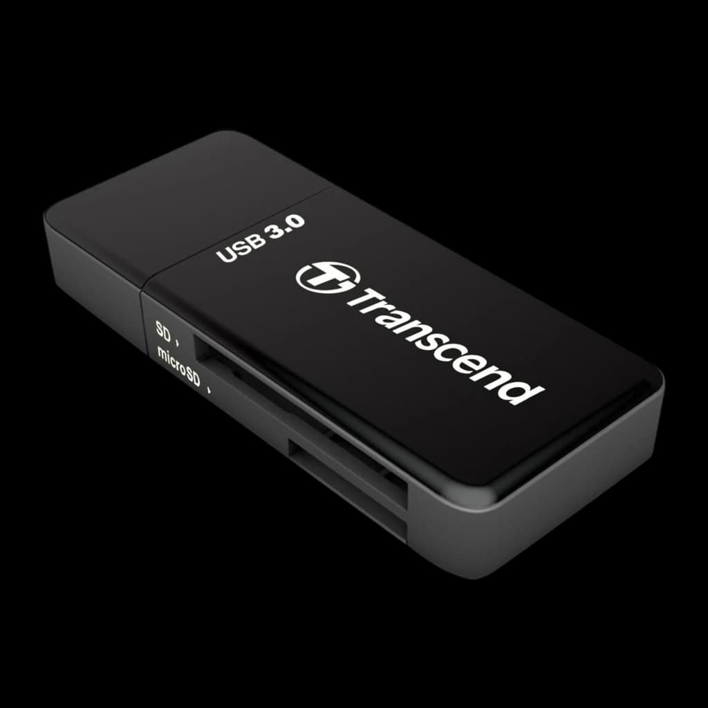 Transcend Leitor de Cartões USB 3.0 preto, vista superior em ângulo: logo, slots SD e microSD visíveis