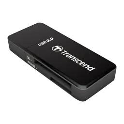 Transcend Leitor de Cartões USB 3.0 preto, vista superior em ângulo: logo, slots SD e microSD visíveis