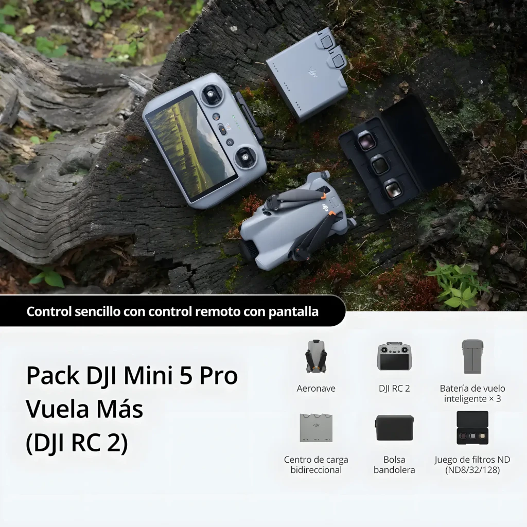 DJI Mini 5 Pro Fly More Combo 42GB gris, vista diagonal frontal: dron desplegado con hélices y módulo de cámaras gimbal - Ítem4