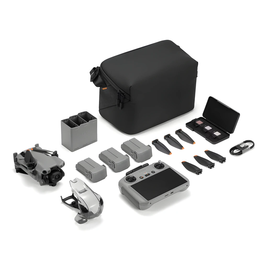 DJI Mini 5 Pro Fly More Combo 42GB gris, vista diagonal frontal: dron desplegado con hélices y módulo de cámaras gimbal - Ítem5