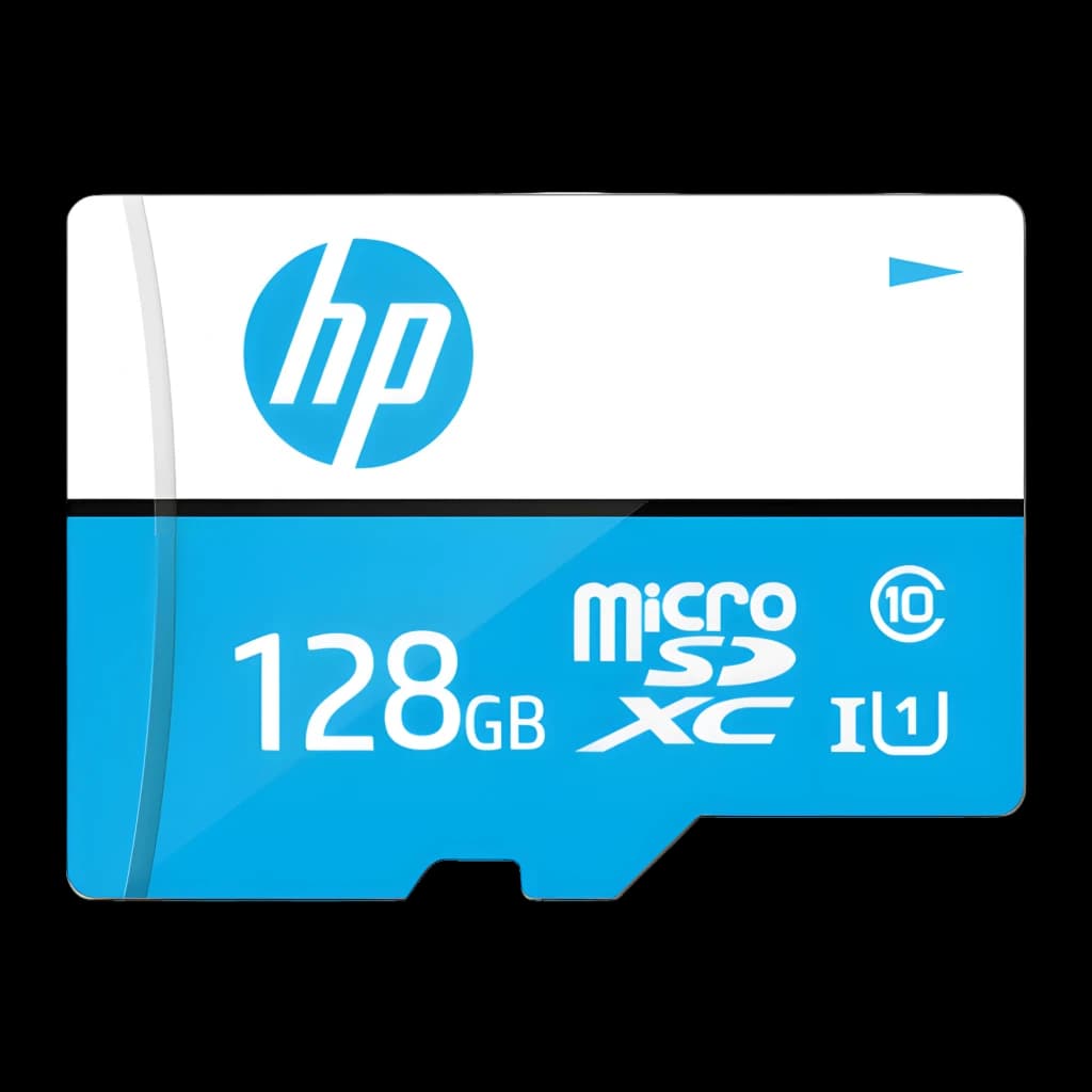 HP HFUD128-1U1BA MicroSDXC 128GB bleu et blanc, vue avant: logo HP, capacité 128Go et classe UHS-I 10