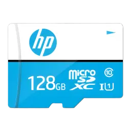 HP HFUD128-1U1BA MicroSDXC 128GB bleu et blanc, vue avant: logo HP, capacité 128Go et classe UHS-I 10
