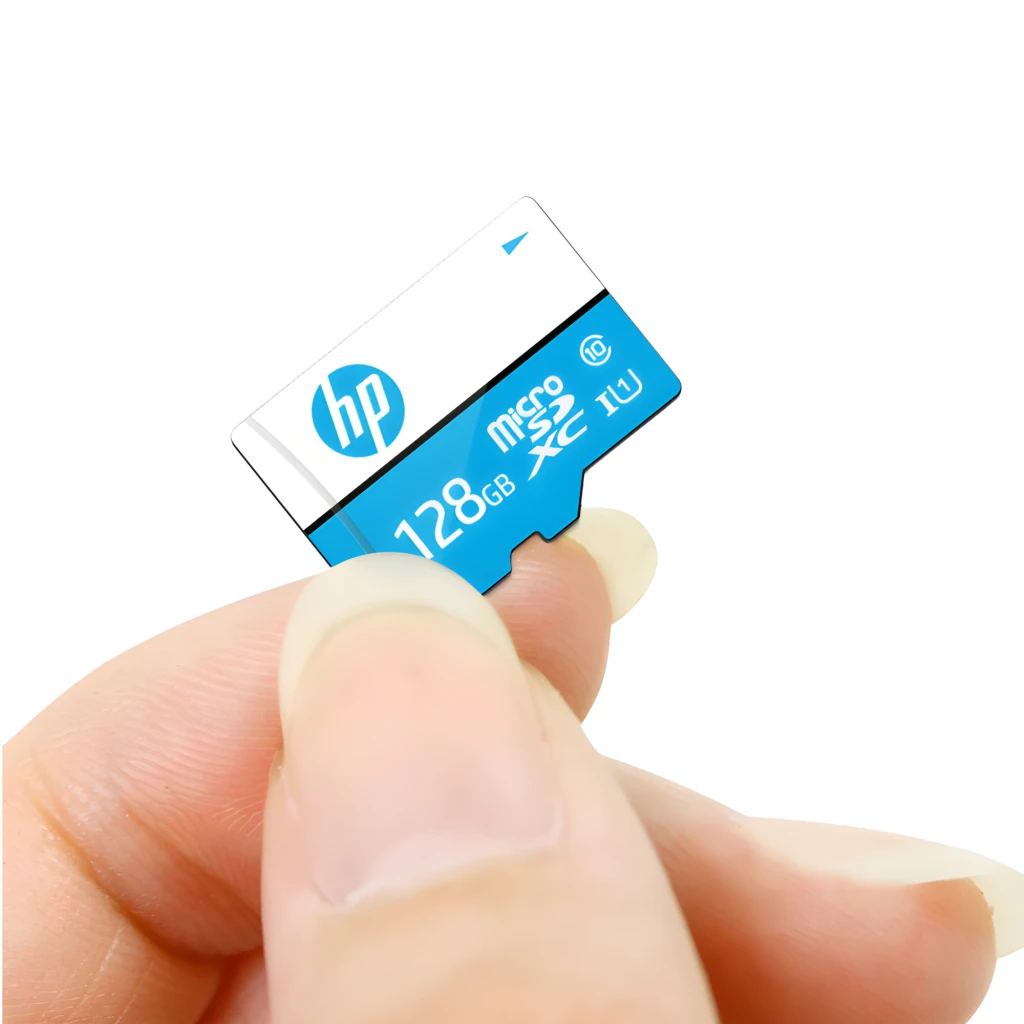 HP HFUD128-1U1BA MicroSDXC 128GB azul y blanco, vista frontal: logo HP, capacidad 128GB y clase UHS-I 10 - Ítem2