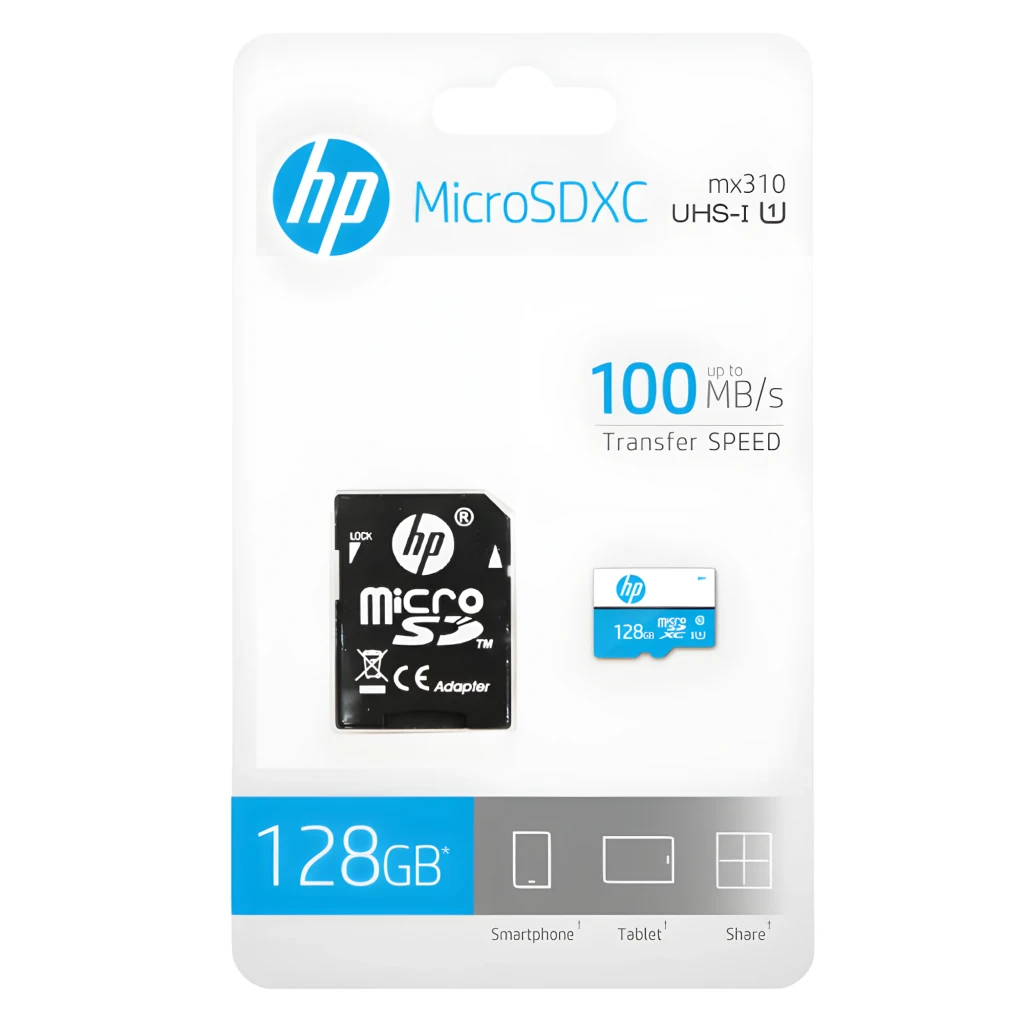 HP HFUD128-1U1BA MicroSDXC 128GB azul y blanco, vista frontal: logo HP, capacidad 128GB y clase UHS-I 10 - Ítem3