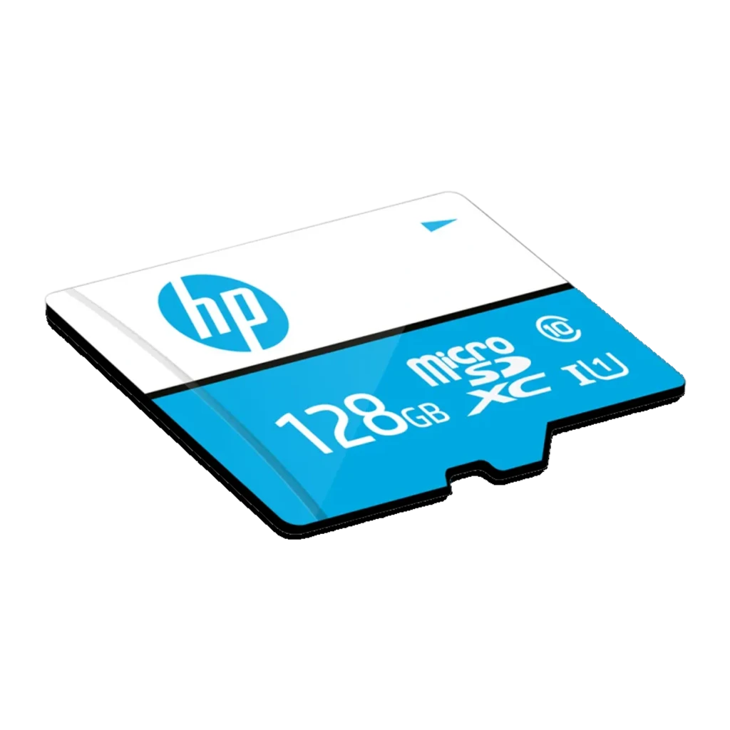 HP HFUD128-1U1BA MicroSDXC 128GB azul y blanco, vista frontal: logo HP, capacidad 128GB y clase UHS-I 10 - Ítem1