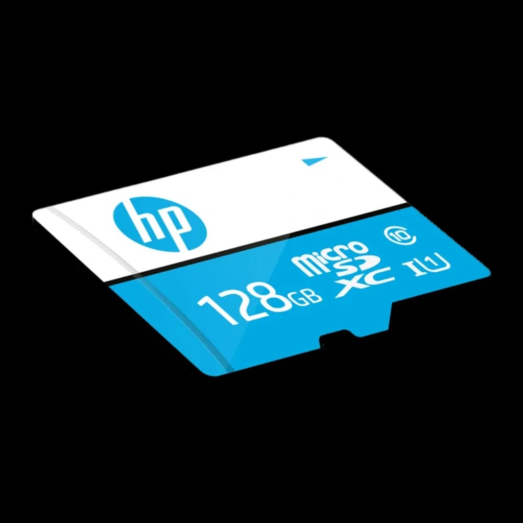 HP HFUD128-1U1BA MicroSDXC 128GB bleu et blanc, vue en perspective: face avant avec logo HP, capacité 128Go et classe 10