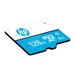 HP HFUD128-1U1BA MicroSDXC 128GB bleu et blanc, vue en perspective: face avant avec logo HP, capacité 128Go et classe 10