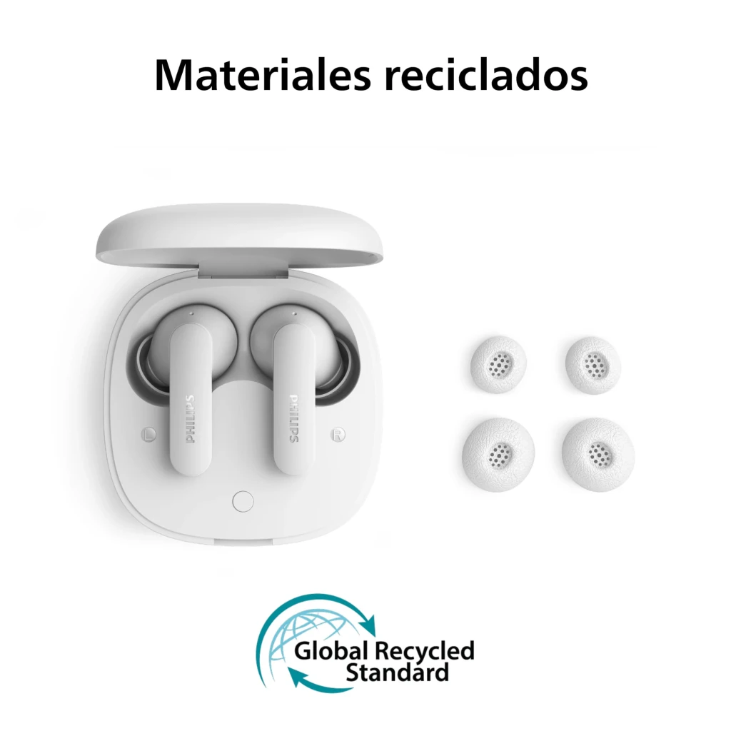 Philips TAT2200WT Blanco, vista en perspectiva: auriculares extraídos junto a estuche de carga abierto - Ítem2