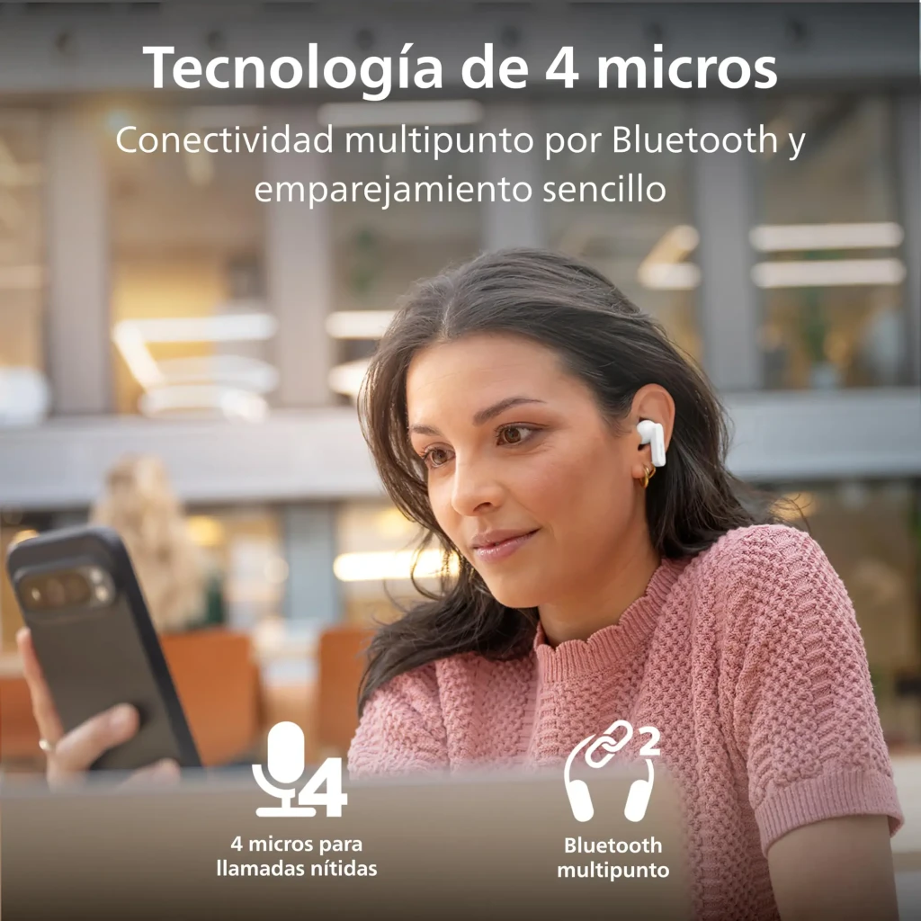 Philips TAT2200WT Blanco, vista en perspectiva: auriculares extraídos junto a estuche de carga abierto - Ítem3
