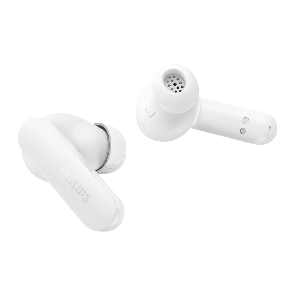 Philips TAT2200WT Blanco, vista en perspectiva: auriculares extraídos junto a estuche de carga abierto - Ítem1