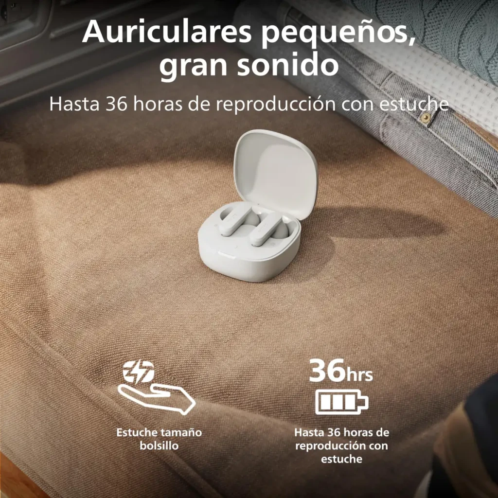 Philips TAT2200WT Blanco, vista en perspectiva: auriculares extraídos junto a estuche de carga abierto - Ítem4