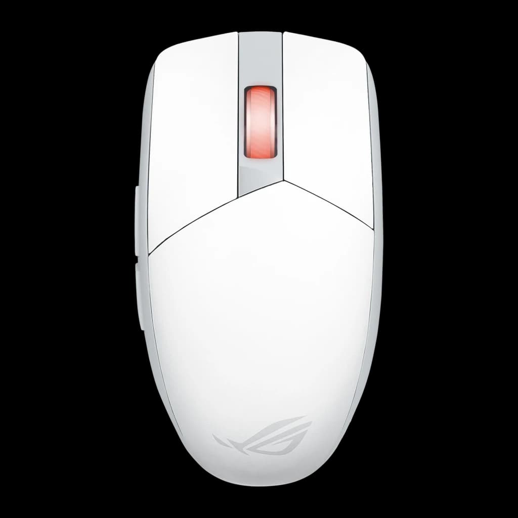 ASUS ROG Strix Impact III Wireless Blanc Lune, vue du dessus: molette avec éclairage rouge et logo ROG