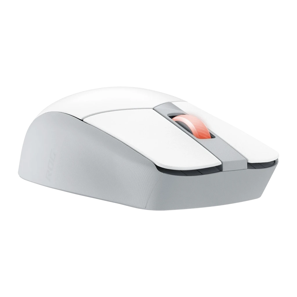 ASUS ROG Strix Impact III Wireless Branco Lua, vista superior: roda de scroll com iluminação vermelha e logo ROG - Item3