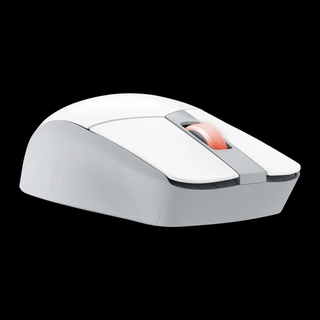 ASUS ROG Strix Impact III Wireless Blanc Lunaire, vue latérale gauche: profil bas, molette RGB orange et texture latérale