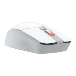 ASUS ROG Strix Impact III Wireless Blanc Lunaire, vue latérale gauche: profil bas, molette RGB orange et texture latérale