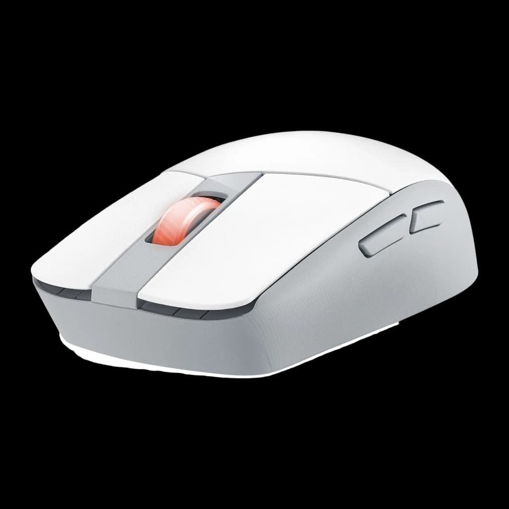 ASUS ROG Strix Impact III Wireless Blanc Lunaire, vue avant droite: boutons latéraux visibles, molette RGB orange et corps