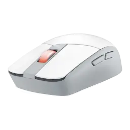 ASUS ROG Strix Impact III Wireless Blanc Lunaire, vue avant droite: boutons latéraux visibles, molette RGB orange et corps