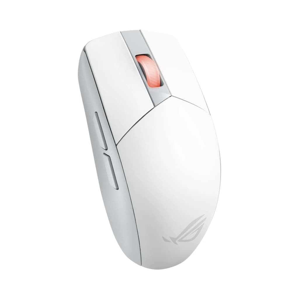ASUS ROG Strix Impact III Wireless blanc lunaire, vue dessus: molette orange éclairée, boutons latéraux et logo ROG
