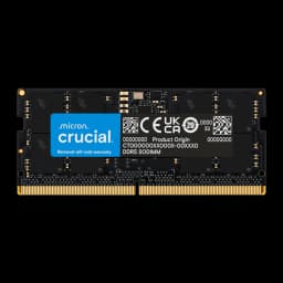 Crucial CT16G56C46S5 16GB DDR5 5600MHz SO-DIMM preto, vista frontal: PCB preto com etiqueta azul Crucial e contatos dourados