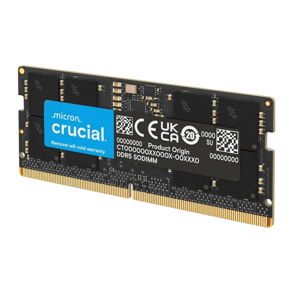 Crucial CT16G56C46S5 16GB DDR5 5600MHz SO-DIMM preto, vista frontal: PCB preto com etiqueta azul Crucial e contatos dourados - Item2