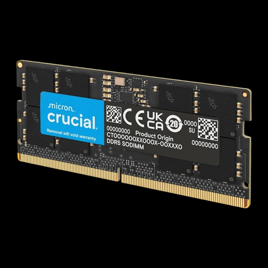 Crucial CT16G56C46S5 16GB DDR5 5600MHz SO-DIMM preto, vista frontal: módulo vertical, etiqueta e marcação DDR5 visíveis