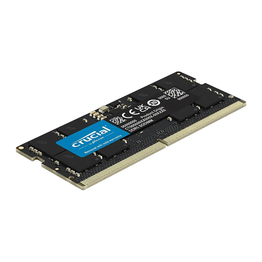 Crucial CT16G56C46S5 16GB DDR5 5600MHz SO-DIMM preto, vista frontal: PCB preto com etiqueta azul Crucial e contatos dourados - Item4