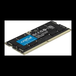 Crucial CT16G56C46S5 16GB DDR5 5600MHz SO-DIMM preto, vista em perspectiva: PCB preto com chips e etiqueta azul Crucial