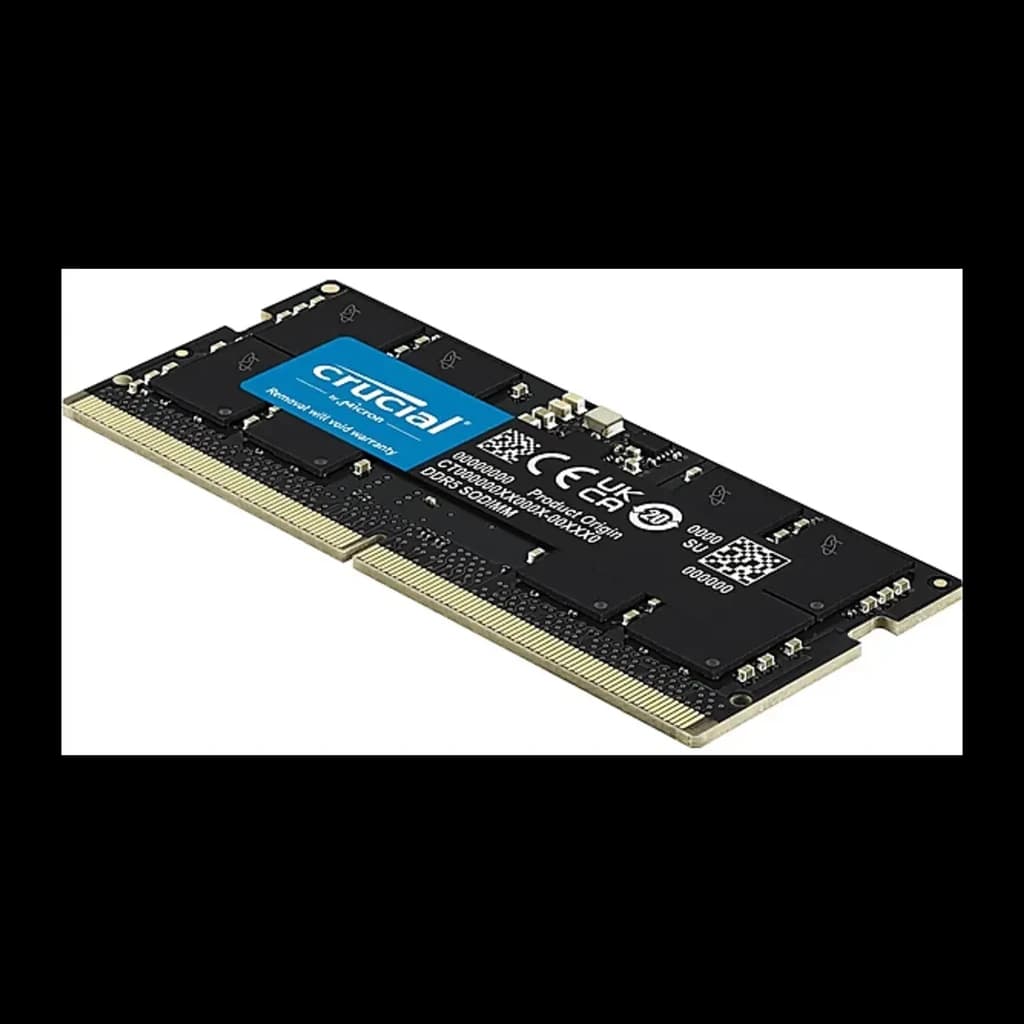 Crucial CT16G56C46S5 16GB DDR5 5600MHz SO-DIMM preto, vista em perspectiva: PCB preto com etiqueta azul Crucial e contatos