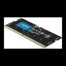 Crucial CT16G56C46S5 16GB DDR5 5600MHz SO-DIMM preto, vista em perspectiva: PCB preto com etiqueta azul Crucial e contatos
