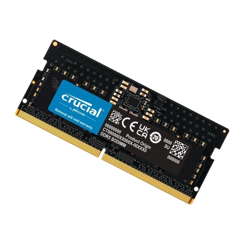 Crucial CT16G56C46S5 16GB DDR5 5600MHz SO-DIMM preto, vista frontal: PCB preto com etiqueta azul Crucial e contatos dourados - Item1