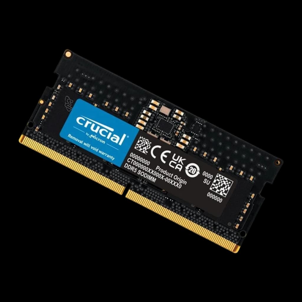 Crucial CT16G56C46S5 16GB DDR5 5600MHz SO-DIMM preto, vista diagonal: etiqueta azul Crucial, chips e contatos dourados