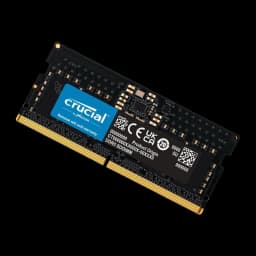 Crucial CT16G56C46S5 16GB DDR5 5600MHz SO-DIMM preto, vista diagonal: etiqueta azul Crucial, chips e contatos dourados