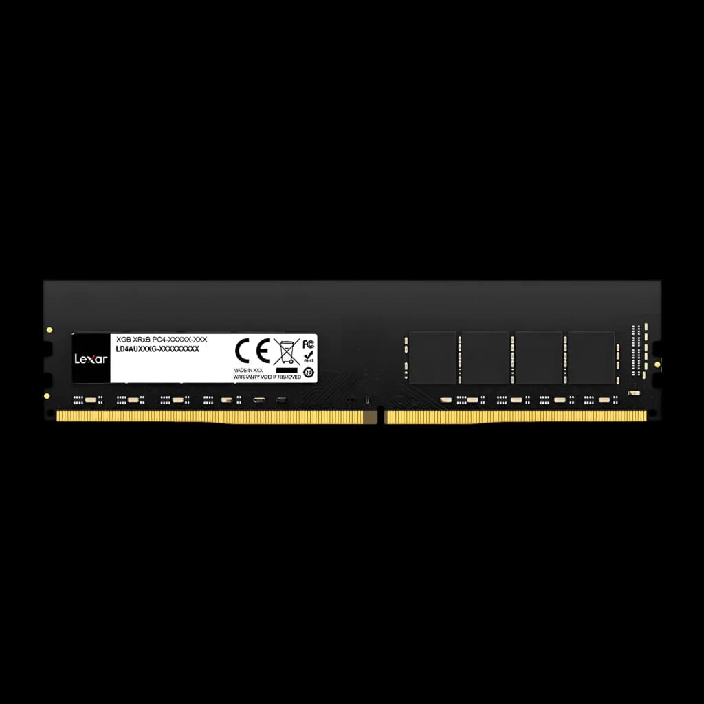 Lexar DDR4 16GB 3200MHz DIMM negro, vista frontal: módulo RAM con etiqueta blanca y contactos dorados