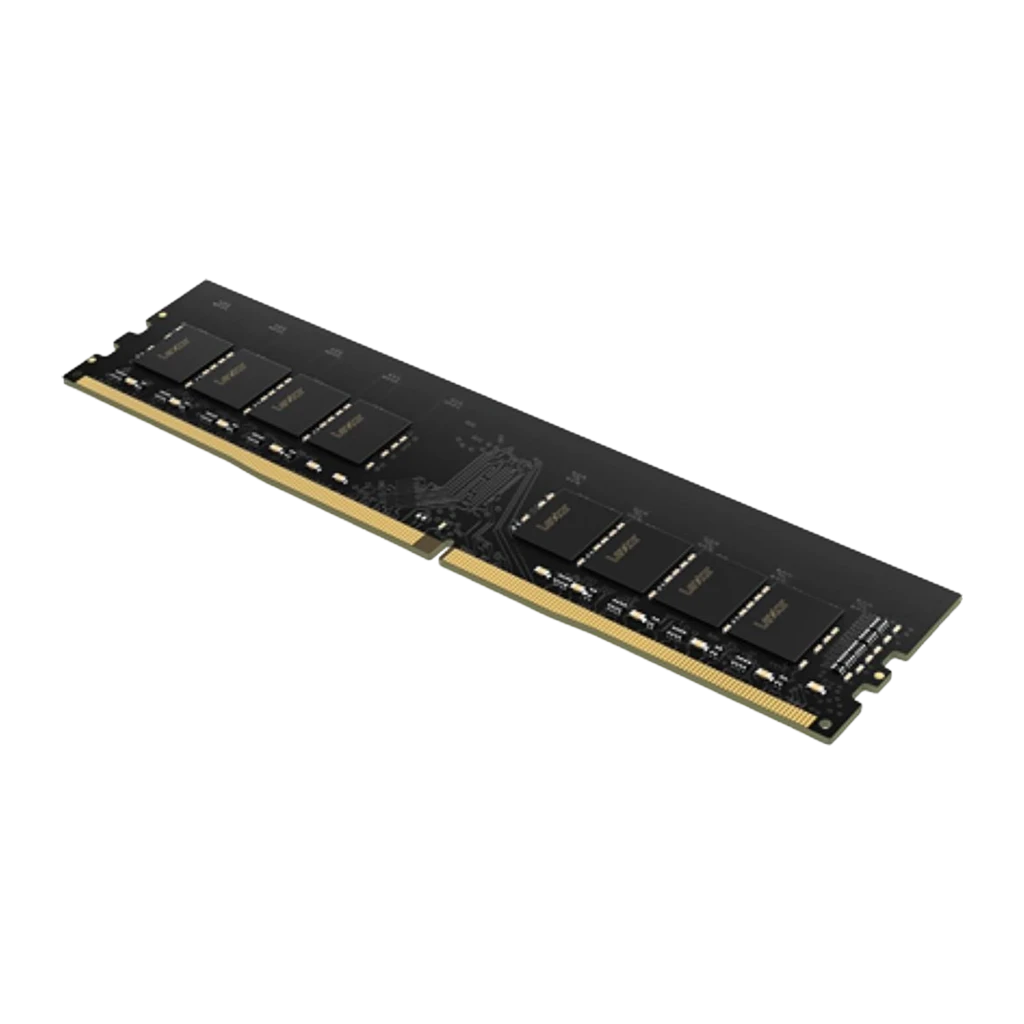 Lexar DDR4 16GB 3200MHz DIMM preto, vista frontal: módulo RAM com etiqueta branca e contactos dourados - Item3