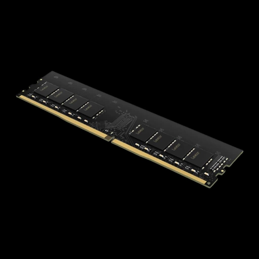 Lexar DDR4 16GB 3200MHz DIMM negro, vista trasera en ángulo: chips de memoria con logo Lexar y conector dorado