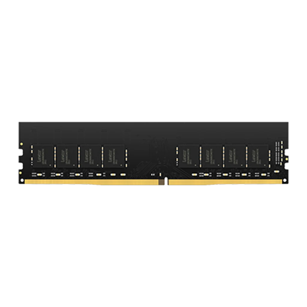Lexar DDR4 16GB 3200MHz DIMM preto, vista frontal: módulo RAM com etiqueta branca e contactos dourados - Item2